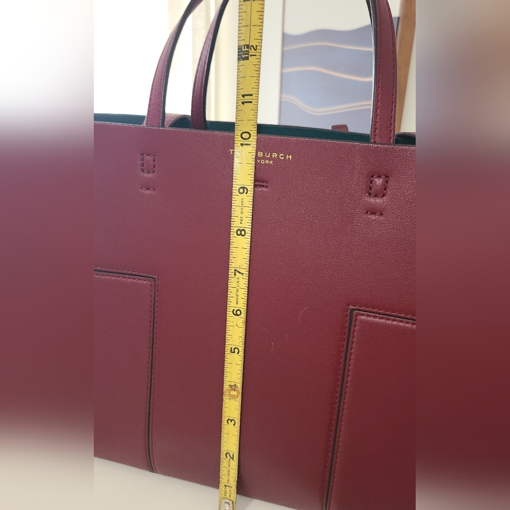 Tory Burch Wine Red Leather Tote with Green Interior - Picture 10 of 12